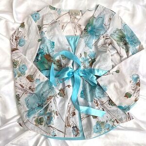 La Khaki Women Floral Wrap Blouse Turquoise White Satin Tie Bell Sleeve Small